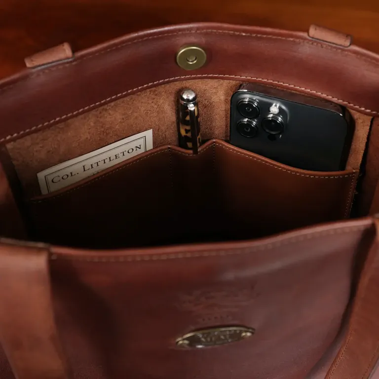 No. 9B Tote in Vintage Brown American Steerhide - inside view of pocket with paper, pen, and phone