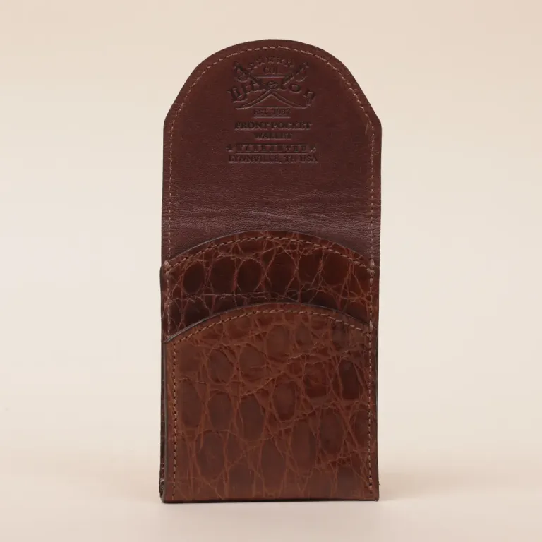 Front pocket wallet with flap in brown American Alligator - front open view - 001