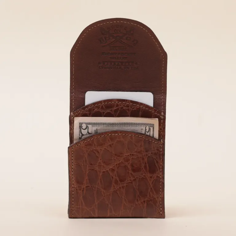 Front pocket wallet with flap in brown American Alligator - front open view - 001
