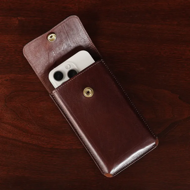 No. 60 phone holster in vintage brown - showing the front open with phone