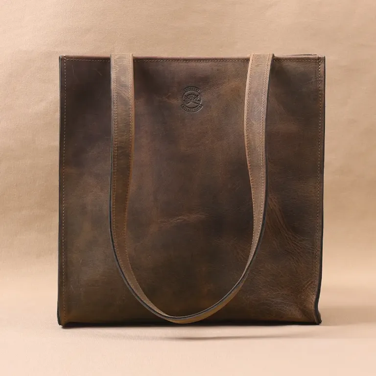 rugged leather tote bag with american buffalo - front view