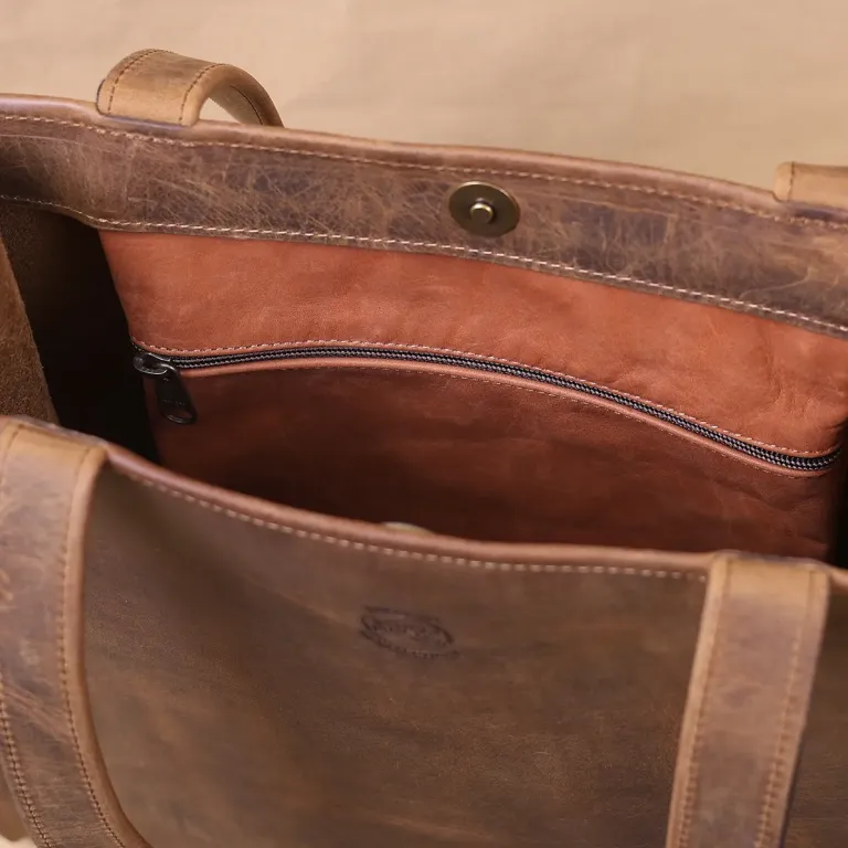 rugged leather tote bag with american buffalo - front view