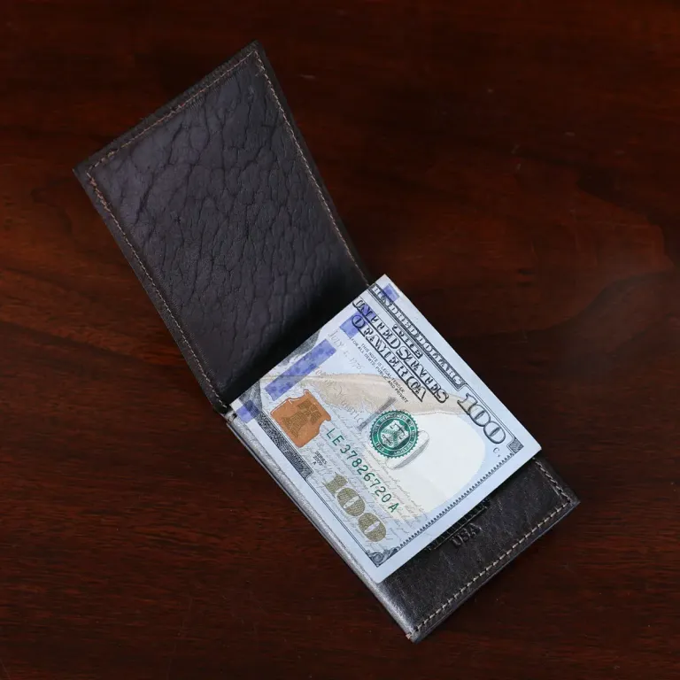 no 102 billfold in tobacco buffalo on dark background - open view with money