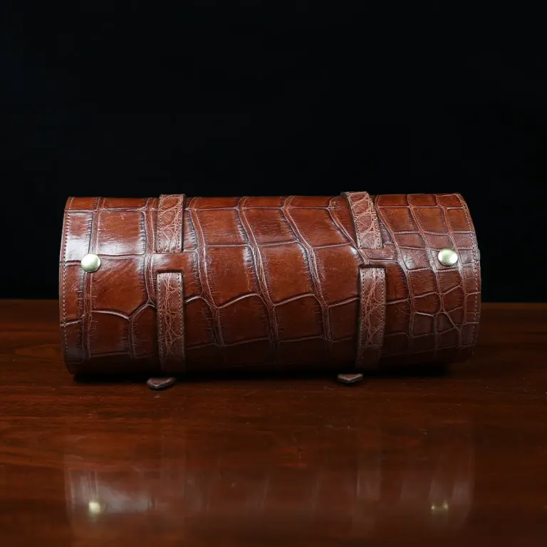 CL - No. 2 Shave Dopp Kit in Vintage Brown American Alligator with No. 8 Khaki Cotton Canvas Lining - Serial Number 002 - back view on a wooden table