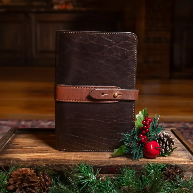 tobacco buffalo travel portfolio on wood box