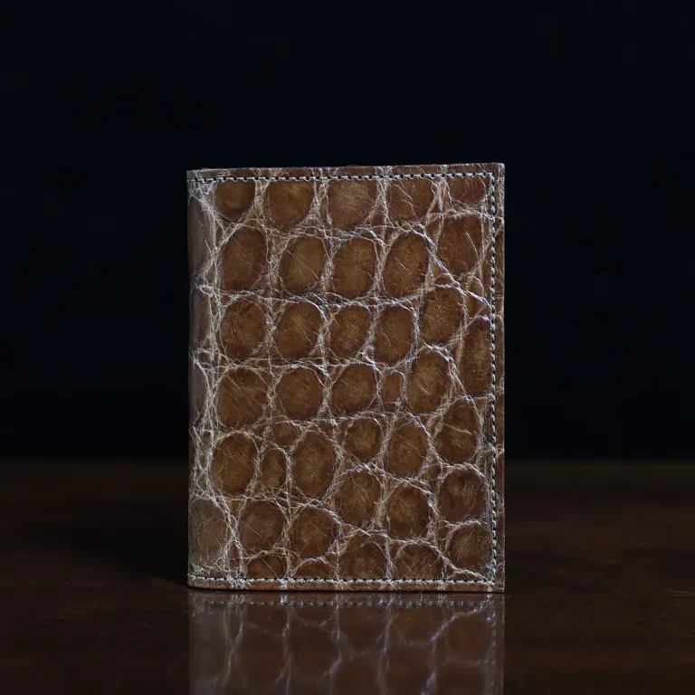 No. 2 Card Wallet in Vintage Brown American Alligator - ID 003 - front view on a black background