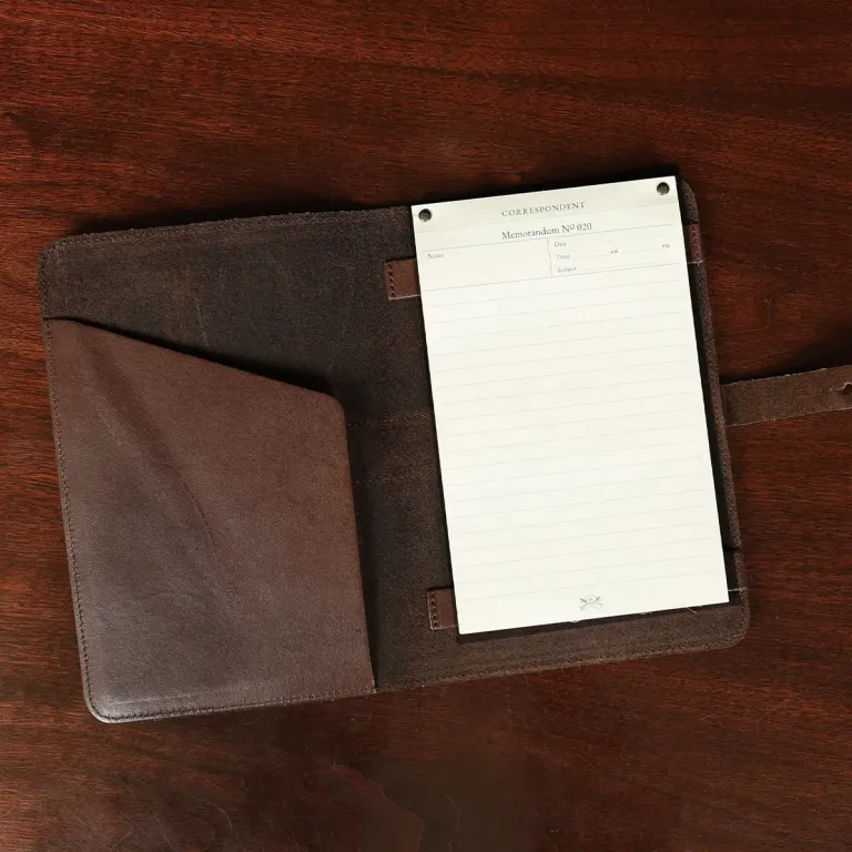 no 20 travel portfolio - in brown steer hide - open with notepad