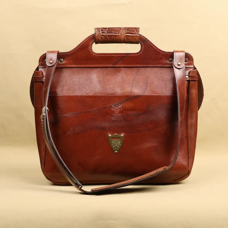 No. 1 Saddlebag Briefcase in rugged American Steerhide trimmed with Alligator back view
