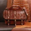 No. 1 Saddlebag Briefcase in rugged American Steerhide trimmed with Alligator front view