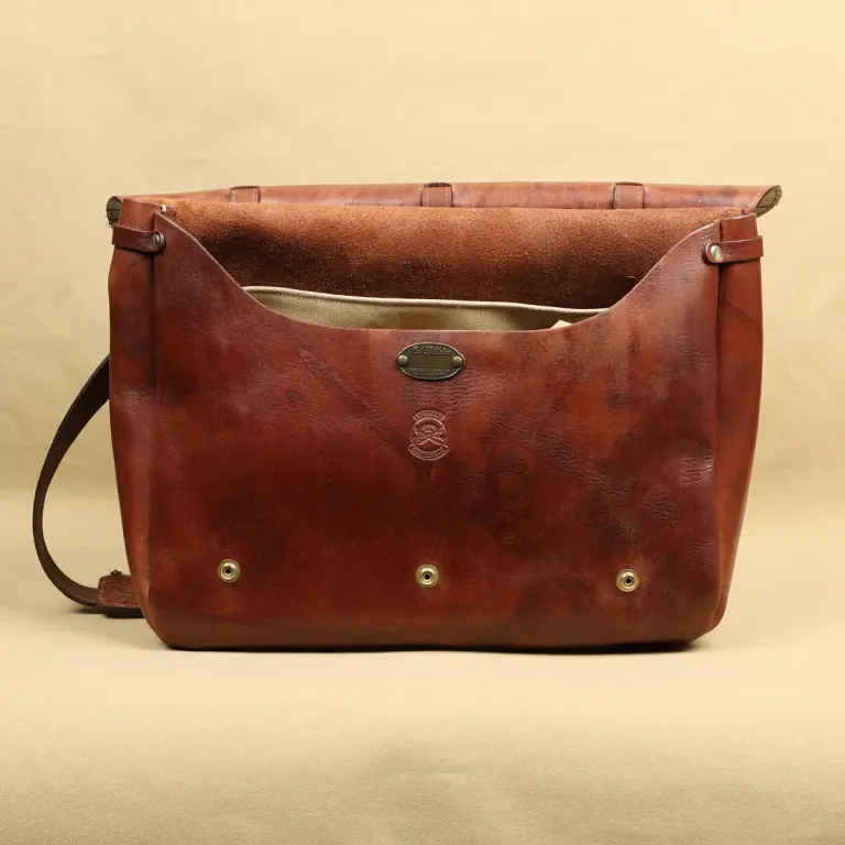 No. 1 Saddlebag Briefcase in rugged American Steerhide trimmed with Alligator open