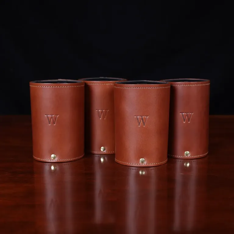 brown leather can caddies with personalized initial stamp