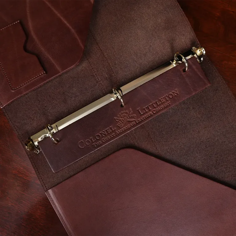 no19 brown leather binder notebook with two position snap closure divider