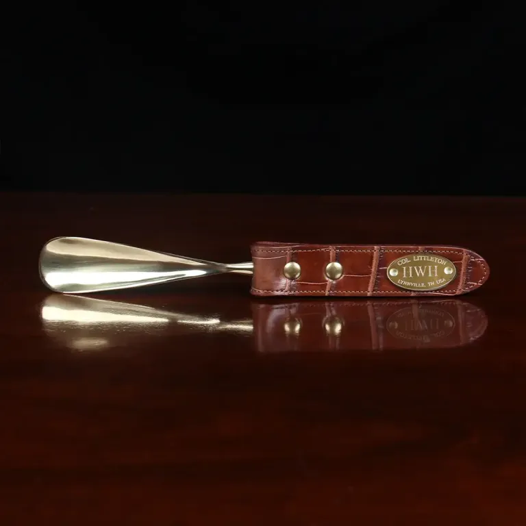 No. 2 Shoehorn in brown American Alligator with brass hardware - front view