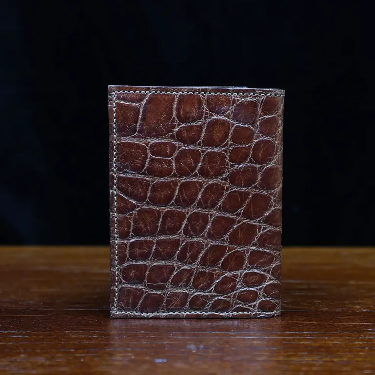 No. 2 Card Wallet in Vintage Brown American Alligator - ID 002 - back view on a black background