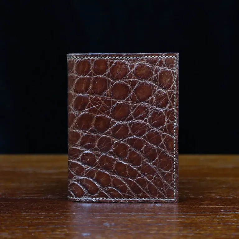 No. 2 Card Wallet in Vintage Brown American Alligator - ID 002 - front view on a black background