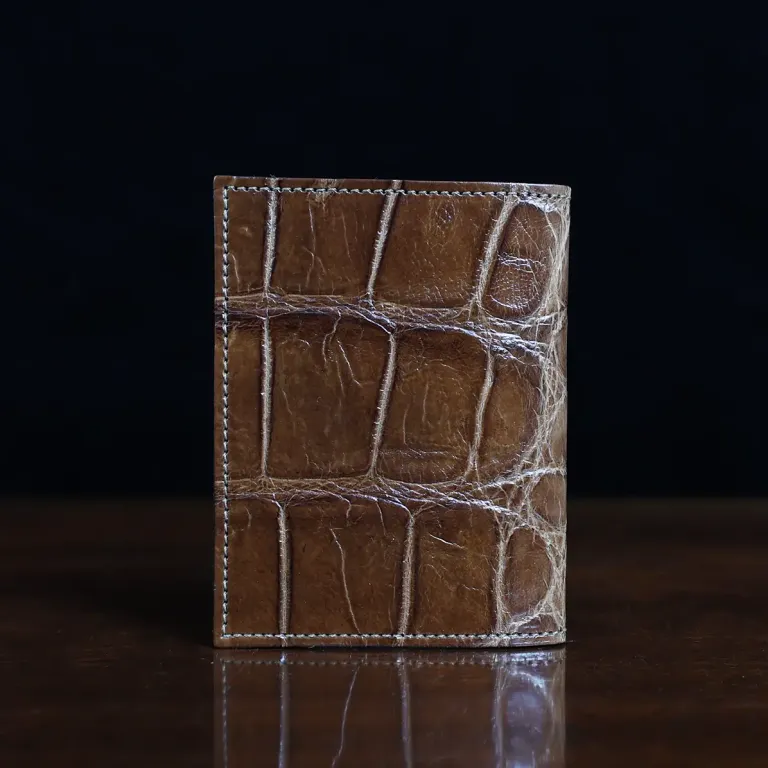 No. 2 Card Wallet in Vintage Brown American Alligator - ID 003 - back view on a black background