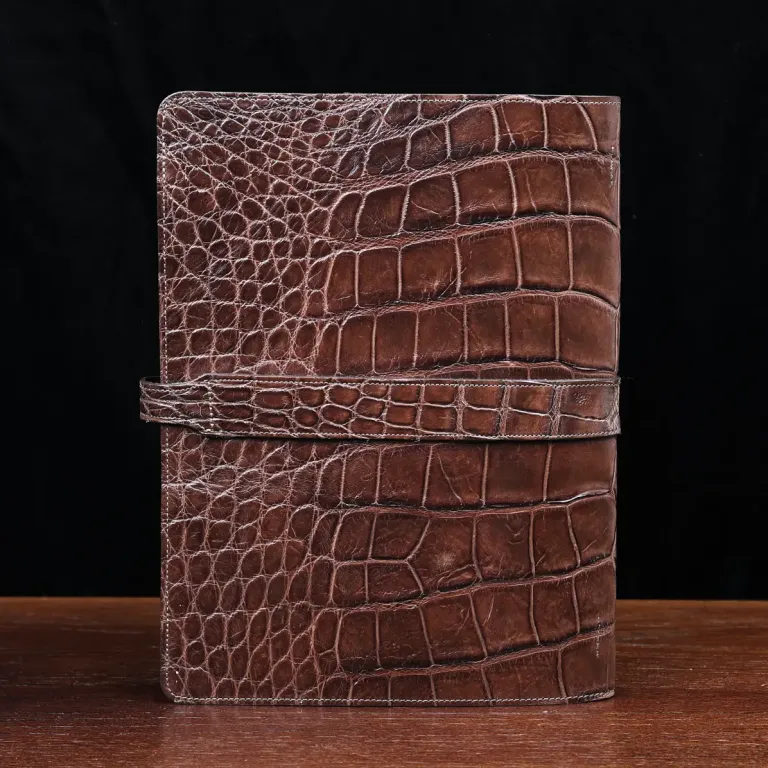 No. 18 Portfolio in Vintage Brown American Alligator - ID 002 - back view on black background