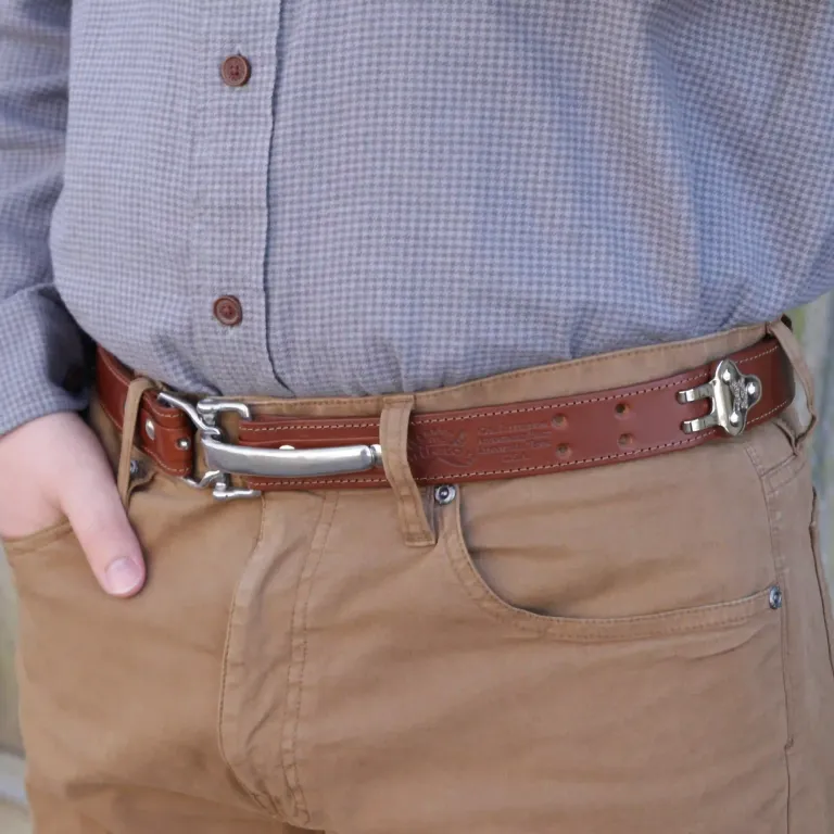 No . 5 Cinch Belt with Brown Italian Bridle Leather and stainless steel hardware worn by man