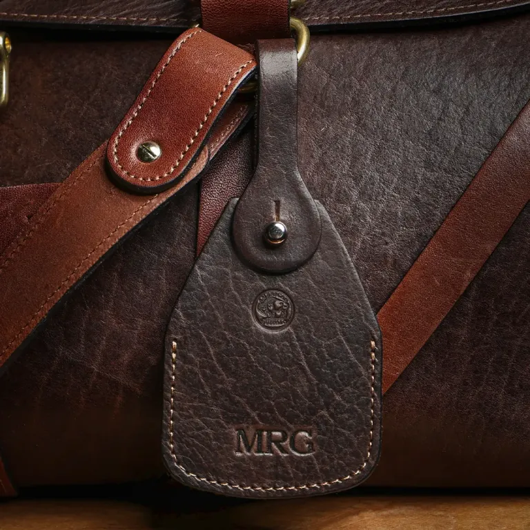front view Tobacco Brown American Buffalo Luggage Tag on a no 1 grip bag in american buffalo