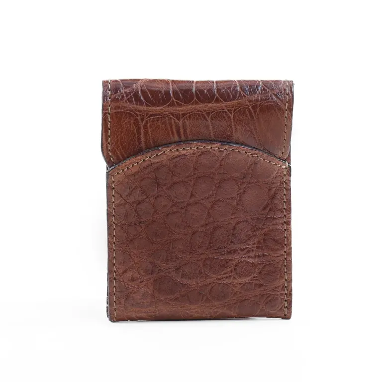 Front pocket wallet with flap in brown American Alligator - front view - 002