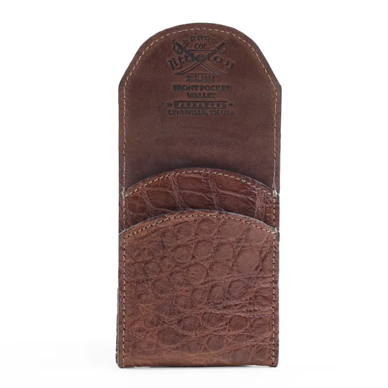 Front pocket wallet with flap in brown American Alligator - front open view - 002
