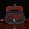 open front view of. No. 17 Hunt Bag made of two-tone brown American Buffalo and Vintage Brown Steerhide leather