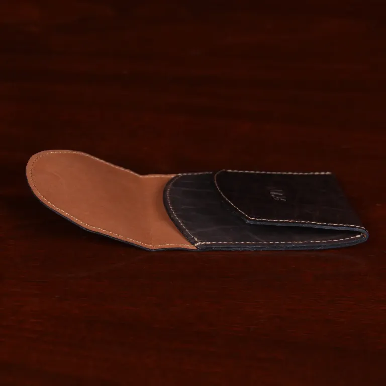 Dark brown american buffalo leather Front Pocket Wallet with fold-over flap - open view