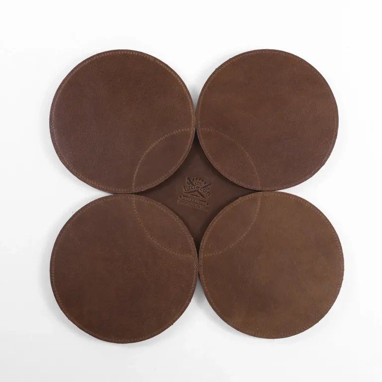 Branded leather table centerpiece in American Steerhide top view