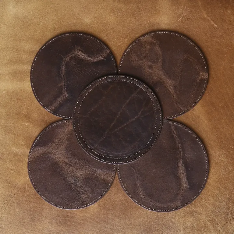 Branded leather table centerpiece in American Steerhide top view