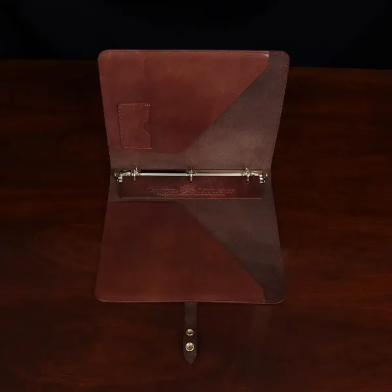 no19 brown leather binder notebook with two position snap closure open