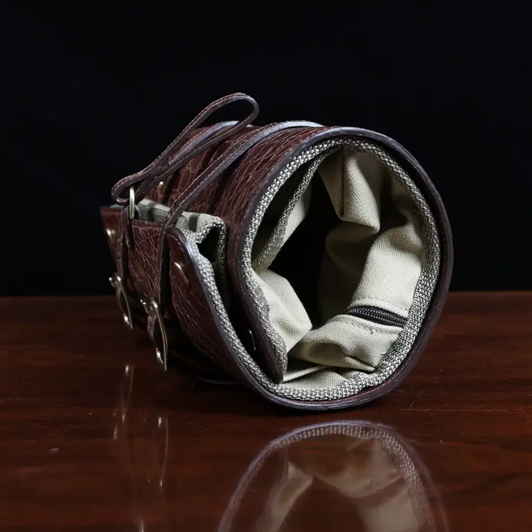CL - No. 2 Shave Dopp Kit in Vintage Brown American Alligator with No. 8 Khaki Cotton Canvas Lining - Serial Number 001 - rolled view