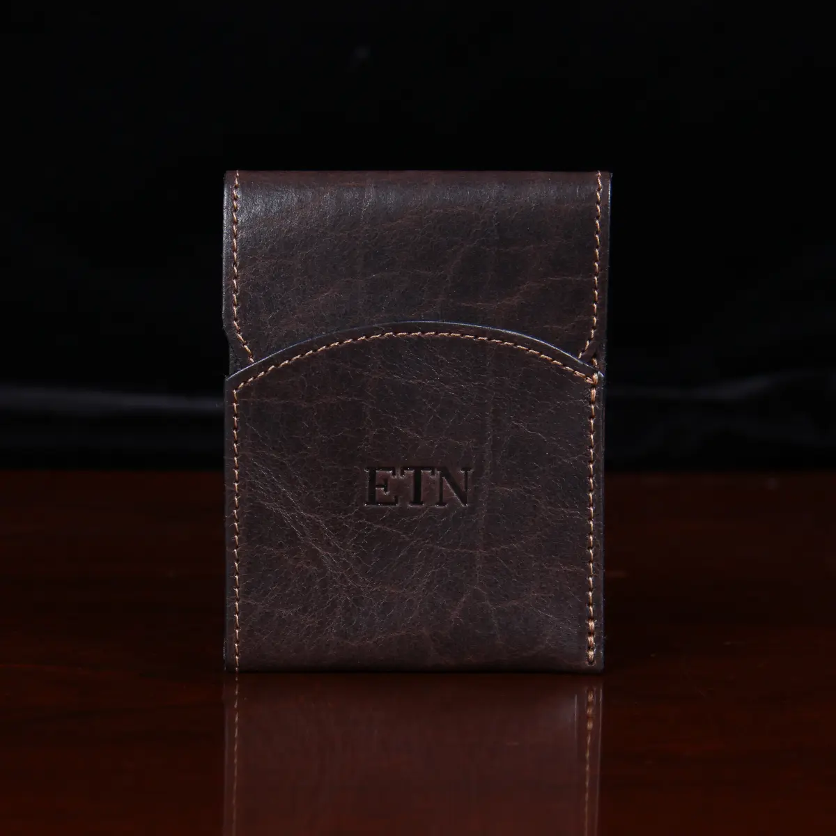 Dark brown american buffalo leather Front Pocket Wallet with fold-over flap - front view