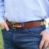 No. 5 Cinch Belt in Brown Leather with Stainless accents on a man- showing the front view