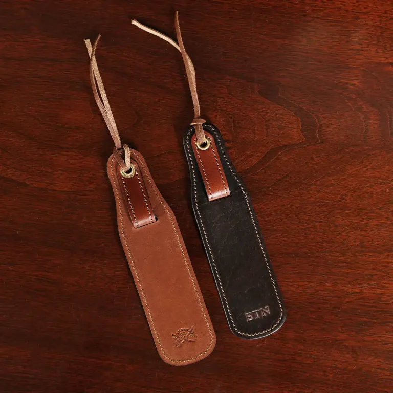 set of 2 tobacco buffalo leather bookmarks - front view and back view