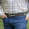 No. 5 Cinch Belt in Tobacco Buffalo Leather with Stainless accents on a man- showing the front view