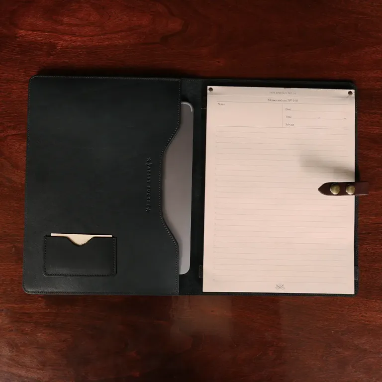 no 18 tablet portfolio in black and brown - open view with tablet
