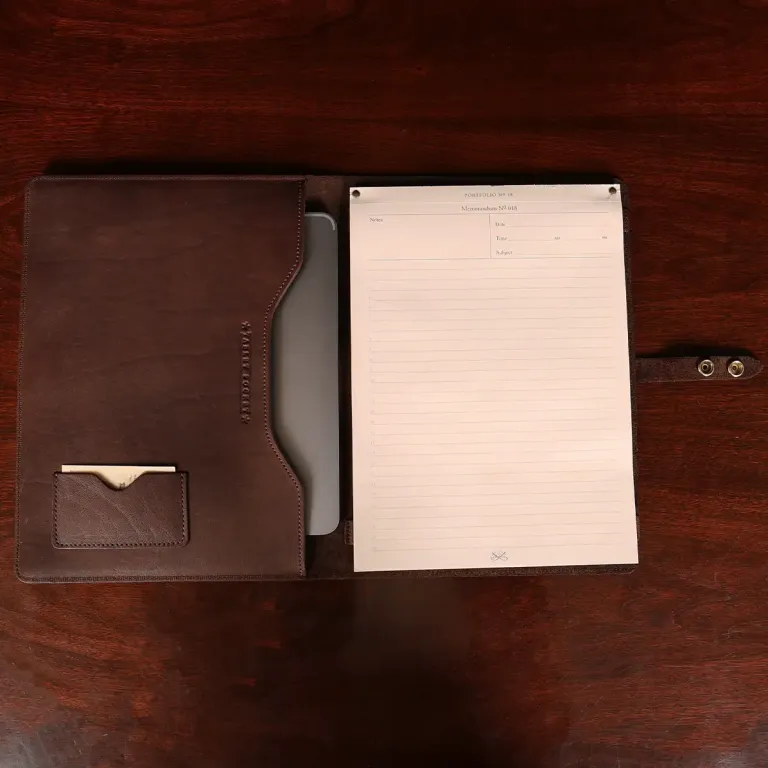 no 18 tablet portfolio in vintage brown - open view with tablet