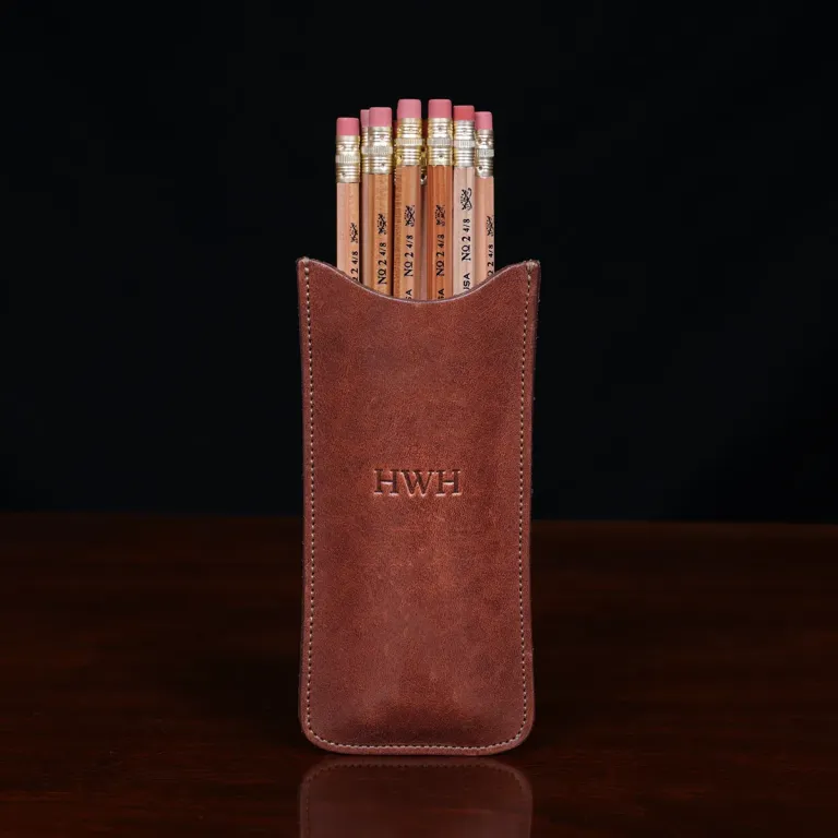 leather pencil case with 12 pencils - front view