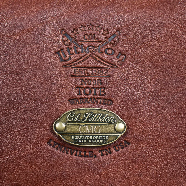 No. 9B Tote in Vintage Brown American Steerhide - close up view of personalization