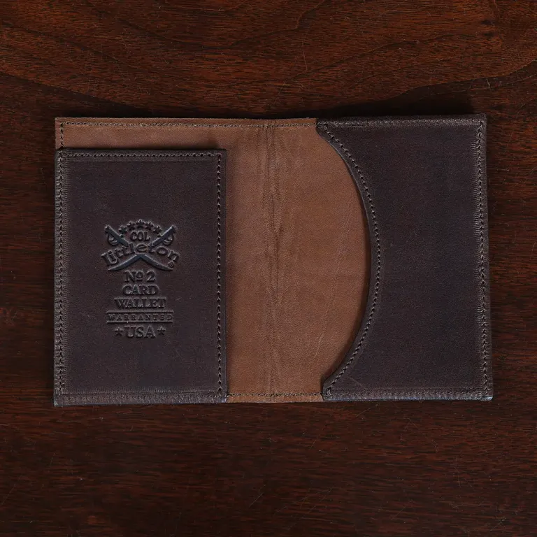 No. 2 card wallet in Vintage Brown American Alligator - ID 001 - open view on a wood table and dark background