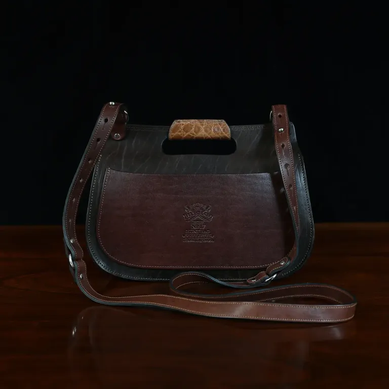 back view of the hunt bag in buffalo and alligator leather