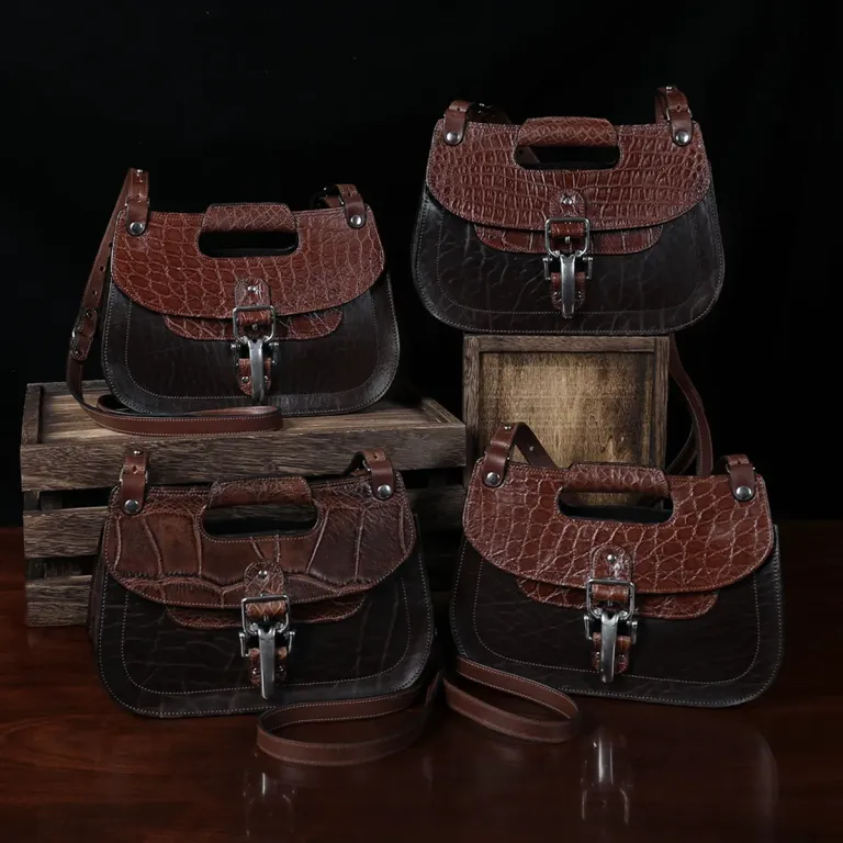 No. 17 Hunt Bag ladies' crossbody in Tobacco Brown American Buffalo and trimmed with American Alligator and Vintage Brown American Steerhide - front view