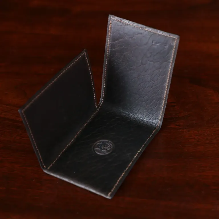 no 102 billfold in tobacco buffalo on dark background - open view