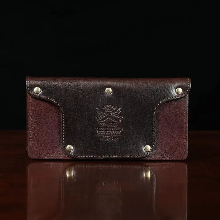 No. 48XL phone holster in tobacco buffalo and vintage brown - view of back on a dark background