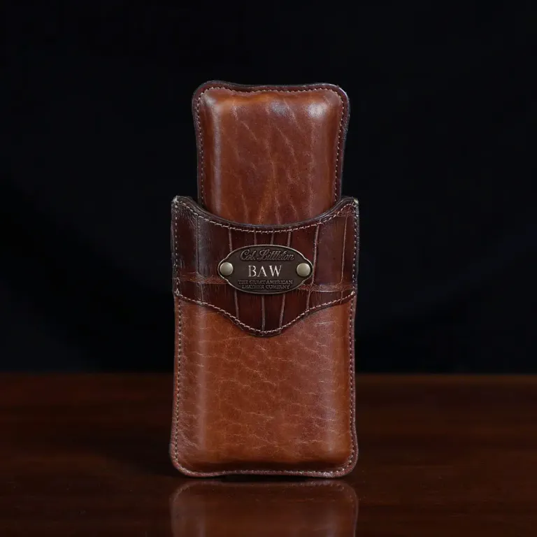 leather cigar case made in american buffalo with alligator trim - front view