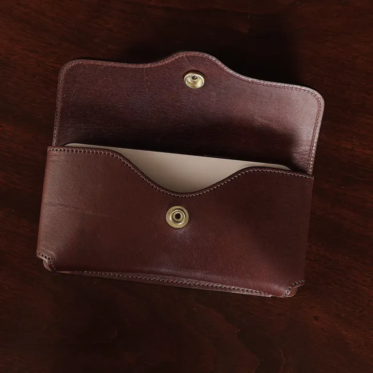 No. 48 vintage brown leather phone holster - showing open view with phone